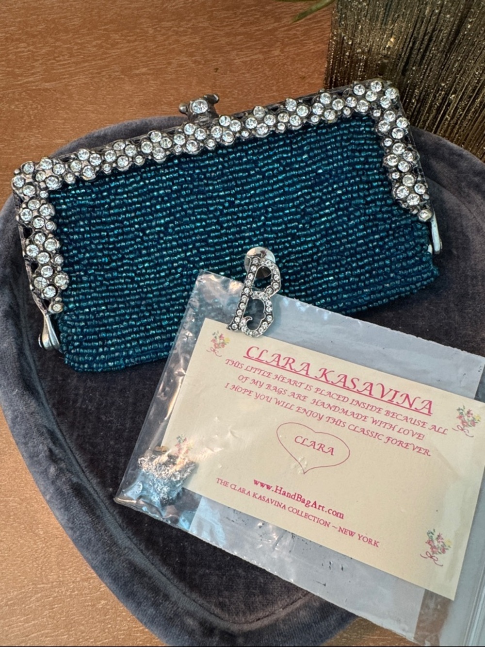 Vintage Turquoise beaded & crystal mini bag by Clara Kasavina with “B” initial.
